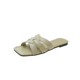 Classic Flat-Soled Slippers Women's 2023 New Leisure Three Cross-Band Knitting Square Head Comfortable Slippers
