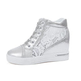 White Shoes Breathable Mesh Chunky Platform Sneakers Summer Ladies Lace Floral Hollow Out Wedge Heels Casual Footwear