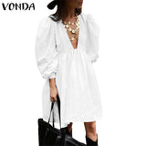 Deep V Neck Dress Women Summer Sundress 2022 VONDA Vintage Lantern Sleeve Zipper Party Dress Casual
