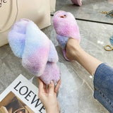 Mixed Colors Fluffy Slippers Autumn Winter Home Slippers Women Furry Fur Slides Outdoor Women's Sandals 2021 Flip