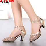 Latin Dance Shoes Female Mesh Breathable Adult Mid-heel Square Dance Dancing Shoes Soft Bottom Low-heel Summer Sandals