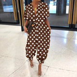Leopard Print Jumpsuit Retro Summer Short Sleeve Lace-Up Playsuit Overalls Casual Button V-Neck Pocket Romper Bodysuit
