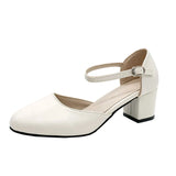 Women In High Heels 2023 New Round Head, Simple, Shallow, Single Shoes, Buckle, Thick Heels, Medium Heels, High Heels In Four