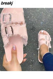 Summer Women Fashion Canvas Cork Slippers Casual Double Buckle Tassel Clogs Slides Non-slip Outside