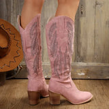 New Pink Knee-length Boots Women Embroidery Western Cowboy Boots Female Fashion Slip on Pointed-toe High Heel Knight