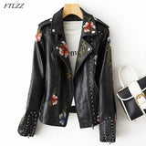 Women Retro Punk Style Fuax Leather Jacket Streetwear Moto Biker Embroidery Floral Print Rivet Pu Coat Oversized