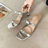 Breakj Women's PU Narrow Band Slip-on 4cm Thick Low Heel Sandals Elegant Ladies Summer Low Heels Slides Shoes for Women's