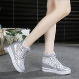 Women Wedge Platform Sneakers Rubber Leather High heels Lace Up Shoes Pointed Toe Height Increasing Creepers White