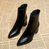 Boots Female 2023 Autumn And Winter New Korean Version Of Fashion Pointed Thick Heel Side Zipper Short Tube Fashion Pure Black Women's