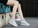 Women Wedge Platform Sneakers Rubber Brogue Leather High heels Lace Up Shoes Pointed Toe Height Increasing Creepers White