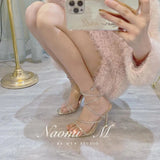 Breakj Summer New Square Head Rhinestone Sandal Fine Heel Open-Toe High Heels Crystal Sexy One Word With Roman