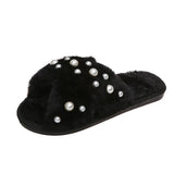 2024 New Flat-Bottomed Pearl Cross Wool Slippers Woman Candy Colored Cotton Slippers