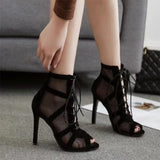 Breakj Cloth Sandals New Fashion Cross-Tie Fine High-Heeled Sandals Women Large Size Fish Mouth Cool