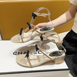 Breakj And Summer 2025 New Water Drill Sandals Gold Fine-Banded Air Coarse Heel Shoes With