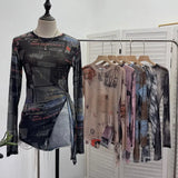 Vintage Tie-Dye-Print Net Yarn Jersey Long-Sleeved Top Irregularly T-Shirt With Thin Short T-Shirt