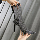 Crystal Transparent PVC Mesh Upper Ankle Boots for Women Pointed Toe High Heels Shoes Woman Zapatos De Mujer