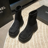 Women Platform Ankle Boots Suede Black Khaki Elastic Thin Boots Chunky High Heel Slip on Gothic Short Botas