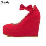 Women High Heels Shoes Fashion Wedges Ladies Platform Buckle Bowtie Pumps for Woman Plus Size 42 Wedding Bridal Shoes Round