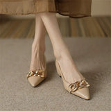 Genuine Leather Women Shoes Chain Thick Heels Pumps Pointed Toe Med Heel Ladies Footwear 2022 Spring Beige Apricot