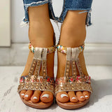 Breakj New Gladiator Wedge Heels Elastic Band Crystals Summer Women Shoes Woman Sandals Leisure Beach Sandals Large Size