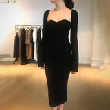 Slash Neck Knitted Midi Dress For Women Sexy Black Elegant Party Wear Long Sleeve Bodycon Fashion Dresses Autumn