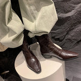 Pointed Western Cowboy Boots Nude Boots North American Wrinkled Leather V Thick Heel Short Boots After