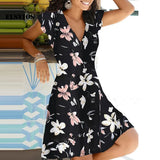 Summer 2021 New Casual Floral Print V Neck Pullover A-line Dress Fashion Short Sleeves Elegant Office Lady Party