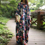 ZANZEA 2022 Vintage Floral Print Dresses Women's Maxi Dress Sleeve Linen Vestidos Kaftan Robe Woman