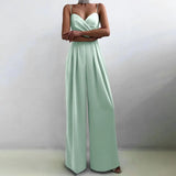 Women Sexy Straps Sleeveless Thin Jumpsuits Celmia Satin Wide Leg Pants Summer Pleated Party Overalls Backless Long
