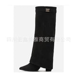 Breakj Women's Shoes New Pointed Big Tube Straight Metal Buckle Boots Large Size Thick Heel Trouser Hose Boots Women's