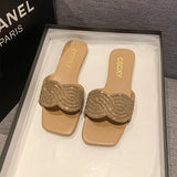 Breakj Version Of Stripe Flat Slippers Female Flat Slippers Square Head One Foot Pedal Home