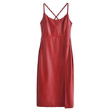 Women Sexy Spaghetti Strap Side Split Long Dresses Red Color Pu Faux Leather Midi Dresses Female Club Party A Line