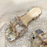 for Women 2024 New Luxury Pearl Rhinestone Chunky Heel Slippers Summer Womens Shoes Fashion Butterfly-knot