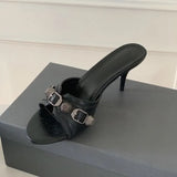 Breakj Good Look! Retro Black Rivet Buckle High Heel Women Casual And One-Word