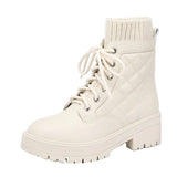 Style Little Martin Boots, Leather, Thick Soles, Fluffy Rice, White Ties, Flat-Soled Chelsea