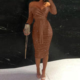 Fashion Solid Ladies Long Sleeve Bodycon Dress Sexy Hollow Out Women Party Dress Spring Autumn New Elegant Off Shoulder