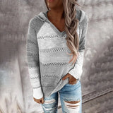 Autumn Patchwork Hooded Sweater Casual V-neck Striped Knitted Sweater Female Long Sleeve Pullover Jumpers New