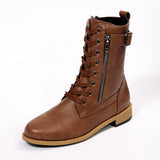 Boots Large-Size Side Zipper Mid-Crace Plus Velvet Boots Round Head Tie With Thick And Martin