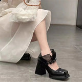 Mary Jane High-heeled Shoes Spring Autumn Lace Rhinestone Elegant 2021 Word Square Heel Platform Fashion Leather Shoe
