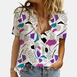 Women Elegant Office Simple Turn-down Collar Cartoon Print Casual Shirt Fashion Summer Short Sleeves Button Cardigan