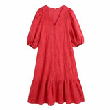 Women Hollow Embroidery Lantern Sleeve Midi Dress Female V Neck Clothes Casual Lady Loose Vestido