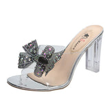 Breakj Drill Bow One-Word Slippers Women Summer Sexy Crystal And High-Heeched Cool Slippers Transparent