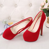 High Heels Shoes Flock Platform Heeled Shoes Pumps Women Night Club Thin Heel Sexy Plus Big Size 14cm Black Red