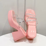 High-Heeled Water Drill Transparent Word With Slippers Women 2025 Summer New Large Code 42 Waterproof Table Thick-Soled Sandals