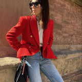 Elegant Red Double Breasted Tweed Jacket Women 2021 Fashion Pockets Turn-down Collar Coats Female Chic