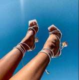 Woman Shoes Sandals Basic Pu Fashion Cross-tied Spike Heels Lace-Up Party Pumps Black White Apricot Open Ankle