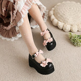 Spring Women Cute Bow Platform Lolita Shoes Strap Cosplay Wedges Thick Sole Pumps JK Uniform Black Brown White Plus Size