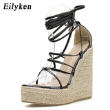 2022 New Champagne Gold Women Sandals Black Lace-up Peep toe Summer Wedges High Heels Large Size 35-42 Elegant