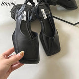 Flat Square Toe Single Shoes Leather Shoes Spring Summer Sandals Elastic Rear Strap Mary Jane Shoes Woman Solid