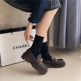 Women Genuine Leather Pumps Loafers Shoes Platform High Heels Metal Decoration Thick Heel Lady Footwear Spring Brown
